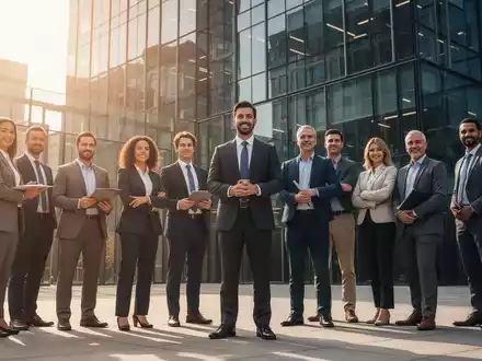 Eine vielfältige Gruppe von Kleinunternehmern steht selbstbewusst vor einem modernen Bürogebäude und symbolisiert Wachstum und Marktchancen. - Foto: über boerse-global.de