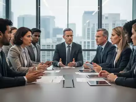 Eine Gruppe von Personen, die Arbeitnehmer und Management repräsentieren, sitzt an einem Konferenztisch und diskutiert ernsthaft. - Foto: über boerse-global.de