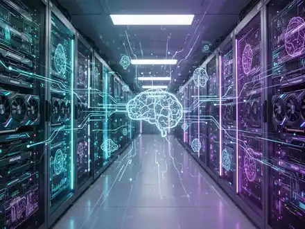 Serverraum mit leuchtenden GPU-Racks und digitalen Datenströmen, symbolisiert KI-Berechnung und Hardwarebedarf. - Foto: über boerse-global.de