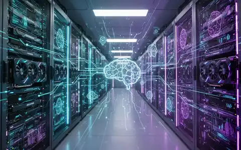 Serverraum mit leuchtenden GPU-Racks und digitalen Datenströmen, symbolisiert KI-Berechnung und Hardwarebedarf. - Foto: über boerse-global.de