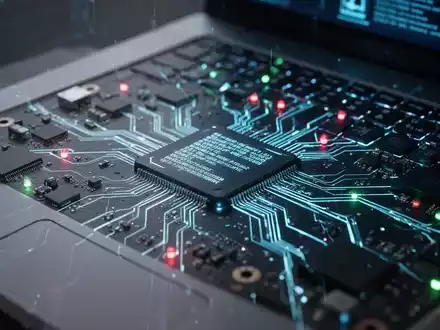Nahaufnahme eines Laptop-Motherboards mit leuchtenden Diagnose-LEDs, die Hardware-Fehlerbehebung und System-Updates darstellen. - Foto: über boerse-global.de