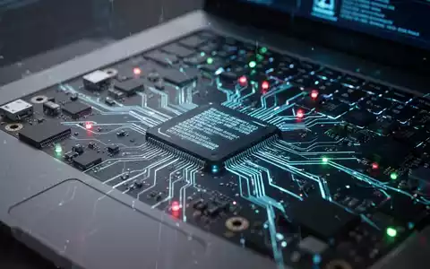 Nahaufnahme eines Laptop-Motherboards mit leuchtenden Diagnose-LEDs, die Hardware-Fehlerbehebung und System-Updates darstellen. - Foto: über boerse-global.de