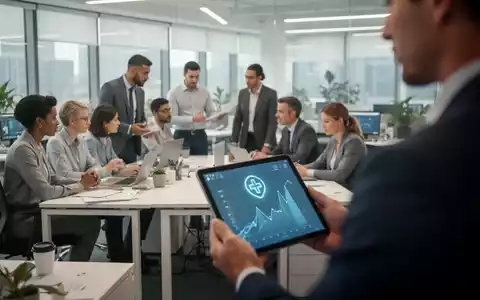 Eine Gruppe von Büroangestellten arbeitet in einem modernen Büro, während eine verschwommene Figur im Vordergrund ein Tablet hält. - Foto: über boerse-global.de