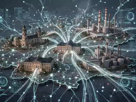 Ein digitales neuronales Netzwerk über einer Karte Bayerns, das die KI-Integration in Verwaltung und Industrie symbolisiert. - Foto: über boerse-global.de