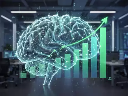 Leuchtendes, vernetztes KI-Gehirn, das sich in ein Finanzdiagramm verwandelt, symbolisiert KI-Wert und Wachstum in einem futuristischen Büro. - Foto: über boerse-global.de