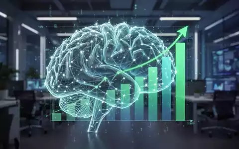 Leuchtendes, vernetztes KI-Gehirn, das sich in ein Finanzdiagramm verwandelt, symbolisiert KI-Wert und Wachstum in einem futuristischen Büro. - Foto: über boerse-global.de