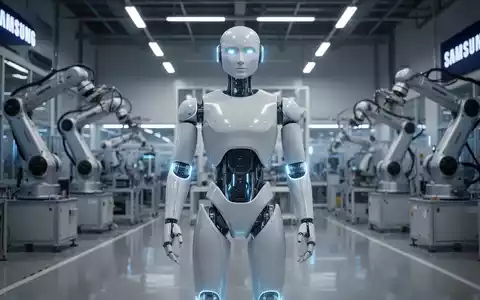 Schlanker, futuristischer humanoider Roboter mit leuchtend blauen Akzenten in einer Hightech-Fabrik. - Foto: über boerse-global.de
