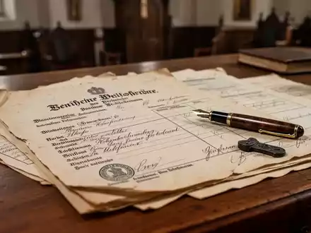 Nahaufnahme von amtlich aussehenden, historischen deutschen Kirchendokumenten und Formularen auf einem Holzschreibtisch. - Foto: über boerse-global.de