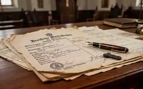 Nahaufnahme von amtlich aussehenden, historischen deutschen Kirchendokumenten und Formularen auf einem Holzschreibtisch. - Foto: über boerse-global.de