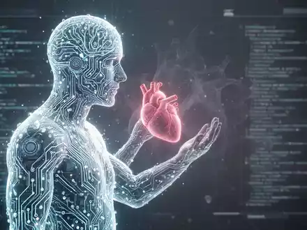 Eine stilisierte, leuchtende neuronale Netzwerksilhouette interagiert mit einem abstrakten Herzen, umgeben von Code und Technik. - Foto: über boerse-global.de