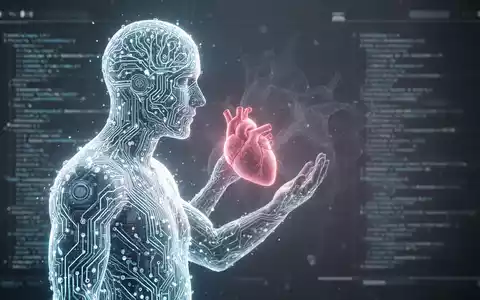 Eine stilisierte, leuchtende neuronale Netzwerksilhouette interagiert mit einem abstrakten Herzen, umgeben von Code und Technik. - Foto: über boerse-global.de