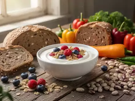 Eine Stillleben-Anordnung von gesunden Lebensmitteln: Joghurt mit Beeren, Vollkornbrot, Gemüse und Hülsenfrüchte auf einem Holztisch. - Foto: über boerse-global.de