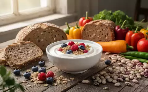 Eine Stillleben-Anordnung von gesunden Lebensmitteln: Joghurt mit Beeren, Vollkornbrot, Gemüse und Hülsenfrüchte auf einem Holztisch. - Foto: über boerse-global.de