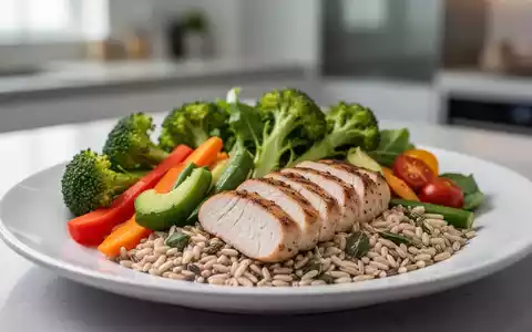 Nahaufnahme einer gesunden Mahlzeit mit frischem Gemüse, magerem Protein und Vollkornprodukten, kunstvoll auf einem Teller arrangiert. - Foto: über boerse-global.de