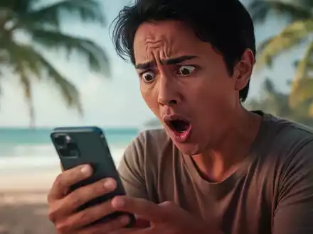 Eine Person blickt schockiert auf ein Smartphone, im Hintergrund verschwommen ein tropischer Strand mit Palmen. - Foto: über boerse-global.de