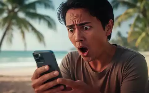 Eine Person blickt schockiert auf ein Smartphone, im Hintergrund verschwommen ein tropischer Strand mit Palmen. - Foto: über boerse-global.de