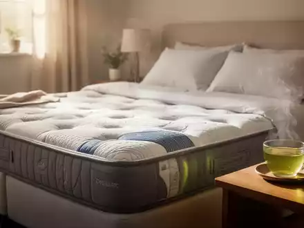 Eine Tasse grüner Tee auf einem Nachttisch neben einem bequemen Bett, symbolisiert Schlafhygiene und natürliche Heilmittel. - Foto: über boerse-global.de
