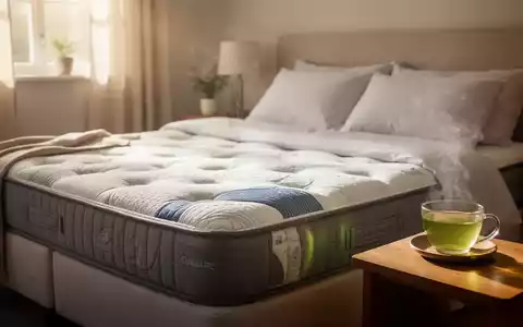 Eine Tasse grüner Tee auf einem Nachttisch neben einem bequemen Bett, symbolisiert Schlafhygiene und natürliche Heilmittel. - Foto: über boerse-global.de