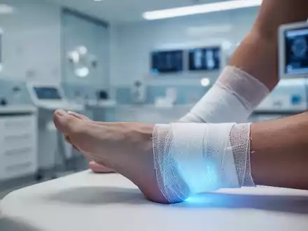 Ein detailliertes Bild eines Fußes und Sprunggelenks, teilweise bandagiert, mit einem dezenten blauen Schimmer, der auf eine Kältetherapie hindeutet. - Foto: über boerse-global.de