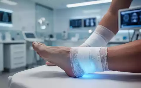 Ein detailliertes Bild eines Fußes und Sprunggelenks, teilweise bandagiert, mit einem dezenten blauen Schimmer, der auf eine Kältetherapie hindeutet. - Foto: über boerse-global.de