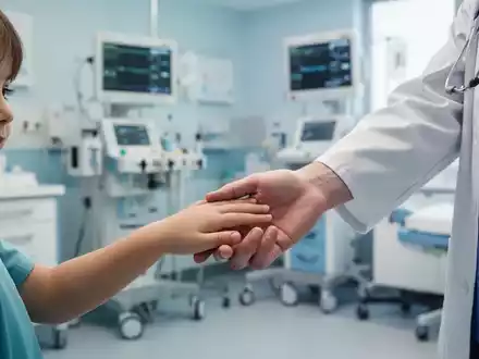 Eine Kinderhand berührt sanft die Hand eines Arztes, im Hintergrund verschwommene medizinische Geräte. - Foto: über boerse-global.de