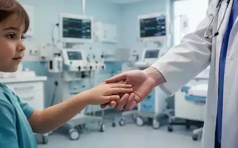 Eine Kinderhand berührt sanft die Hand eines Arztes, im Hintergrund verschwommene medizinische Geräte. - Foto: über boerse-global.de