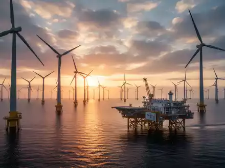 Dramatische Aufnahme eines Offshore-Windparks bei Sonnenaufgang, mit einer automatisierten Plattform in der Ferne. - Foto: über boerse-global.de