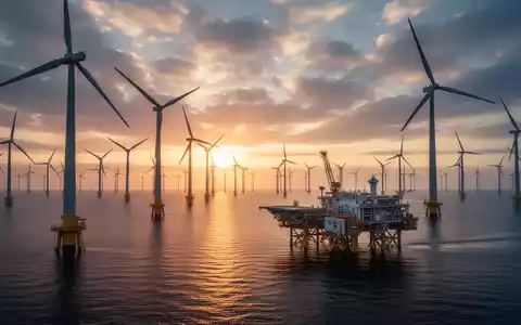 Dramatische Aufnahme eines Offshore-Windparks bei Sonnenaufgang, mit einer automatisierten Plattform in der Ferne. - Foto: über boerse-global.de