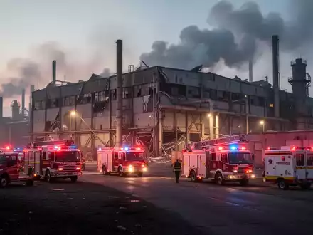 Notfallkräfte und Einsatzfahrzeuge vor einem großen Industriegebäude bei einem nächtlichen Brand oder Chemieunfall. - Foto: über boerse-global.de