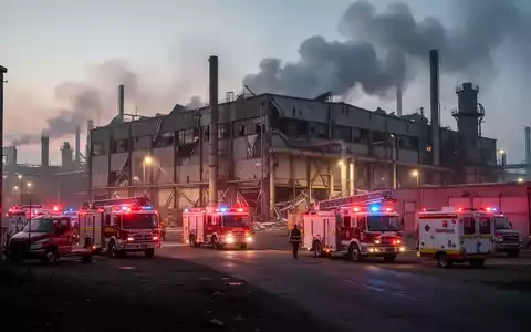Notfallkräfte und Einsatzfahrzeuge vor einem großen Industriegebäude bei einem nächtlichen Brand oder Chemieunfall. - Foto: über boerse-global.de