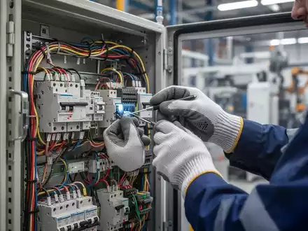 Hände in Sicherheitshandschuhen inspizieren komplexe elektrische Verkabelung in einem offenen industriellen Schaltanlagenkasten. - Foto: über boerse-global.de