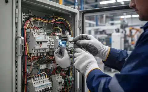 Hände in Sicherheitshandschuhen inspizieren komplexe elektrische Verkabelung in einem offenen industriellen Schaltanlagenkasten. - Foto: über boerse-global.de