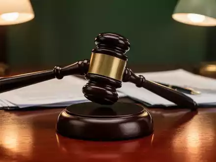 Ein Hammer schlägt auf einen Klangblock auf einem Holztisch, umgeben von verschwommenen Rechtsdokumenten, die eine Gerichtsentscheidung symbolisieren. - Foto: über boerse-global.de
