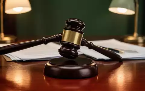 Ein Hammer schlägt auf einen Klangblock auf einem Holztisch, umgeben von verschwommenen Rechtsdokumenten, die eine Gerichtsentscheidung symbolisieren. - Foto: über boerse-global.de