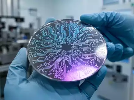 Nahaufnahme einer Siliziumwafer mit komplexen Schaltkreisen in einem Reinraum, im Hintergrund verschwommene Fertigungsanlagen. - Foto: über boerse-global.de