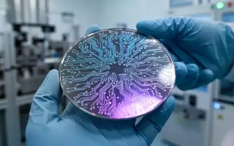 Nahaufnahme einer Siliziumwafer mit komplexen Schaltkreisen in einem Reinraum, im Hintergrund verschwommene Fertigungsanlagen. - Foto: über boerse-global.de
