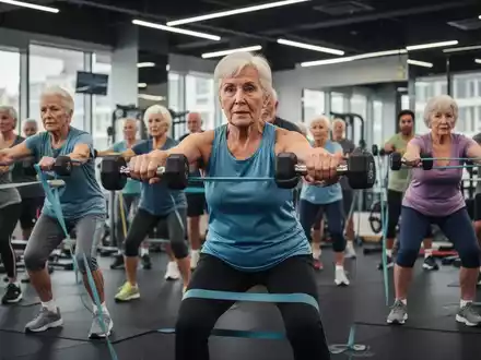Senioren nehmen an einem Krafttraining teil, heben leichte Gewichte und verwenden Widerstandsbänder in einem modernen Fitnessstudio. - Foto: über boerse-global.de