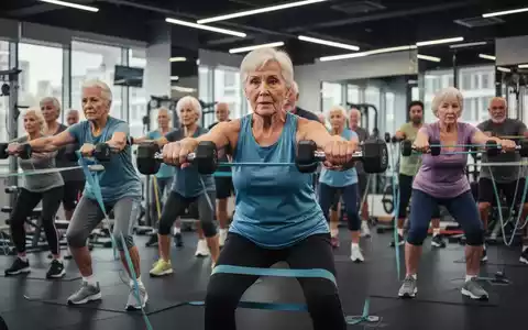 Senioren nehmen an einem Krafttraining teil, heben leichte Gewichte und verwenden Widerstandsbänder in einem modernen Fitnessstudio. - Foto: über boerse-global.de