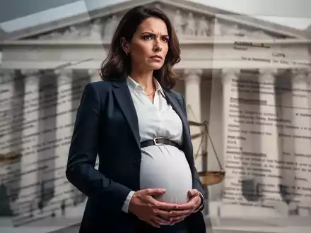 Eine schwangere Frau mit ernstem Blick, im Hintergrund verschwommen ein Gerichtsgebäude oder juristische Dokumente. Symbolisiert Kündigungsschutz. - Foto: über boerse-global.de