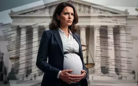 Eine schwangere Frau mit ernstem Blick, im Hintergrund verschwommen ein Gerichtsgebäude oder juristische Dokumente. Symbolisiert Kündigungsschutz. - Foto: über boerse-global.de