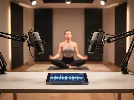 Ein modernes Podcast-Studio mit Mikrofonen und einer Person, die im Hintergrund meditiert, symbolisiert ganzheitliche Gesundheit und Medien. - Foto: ĂŒber boerse-global.de