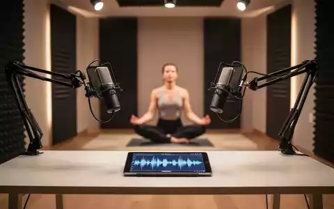 Ein modernes Podcast-Studio mit Mikrofonen und einer Person, die im Hintergrund meditiert, symbolisiert ganzheitliche Gesundheit und Medien. - Foto: über boerse-global.de