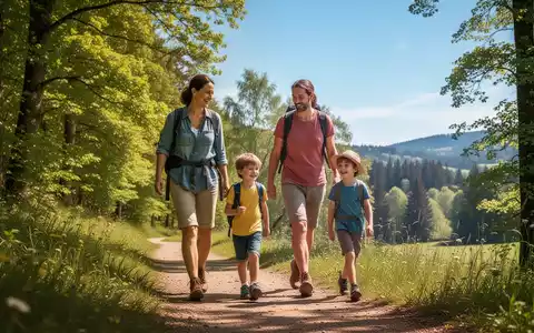 Eine Familie (zwei Erwachsene, zwei Kinder) genießt kostenlose Freizeitaktivitäten in der Natur Schwabens, geht auf einem Waldweg. - Foto: über boerse-global.de