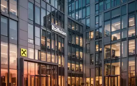 Modernes Bürogebäude der Raiffeisenlandesbank NÖ-Wien bei Sonnenuntergang, das Stabilität und Neuordnung symbolisiert. - Foto: über boerse-global.de