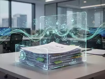 Ein stilisiertes Bild, das digitale Datenströme und eine transparente Benutzeroberfläche über einem Stapel Papierdokumente darstellt, symbolisiert Bürokratieabbau und Digitalisierung im Steuerrecht. - Foto: über boerse-global.de