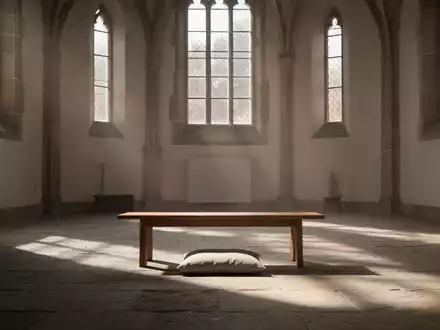 Ein minimalistischer Innenhof eines Klosters mit einem einzelnen Holzbalken und weichem Licht, das eine ruhige Atmosphäre schafft. - Foto: über boerse-global.de