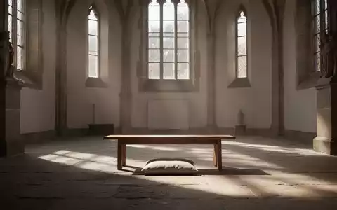 Ein minimalistischer Innenhof eines Klosters mit einem einzelnen Holzbalken und weichem Licht, das eine ruhige Atmosphäre schafft. - Foto: über boerse-global.de