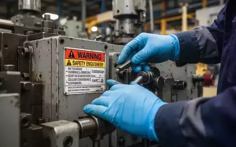 Hände eines Sicherheitsingenieurs in blauen Handschuhen, der Maschinenschutzvorrichtungen in einer Fabrik überprüft. - Foto: über boerse-global.de