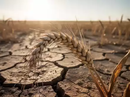 Ein vertrocknetes Weizenfeld mit rissigem Boden unter einem gleißenden Himmel, das globale Ernährungsunsicherheit symbolisiert. - Foto: über boerse-global.de