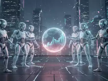 Digitale Avatare von KI-Modellen wie ChatGPT, Gemini und Claude konkurrieren in futuristischem Setting um Marktanteile. - Foto: über boerse-global.de
